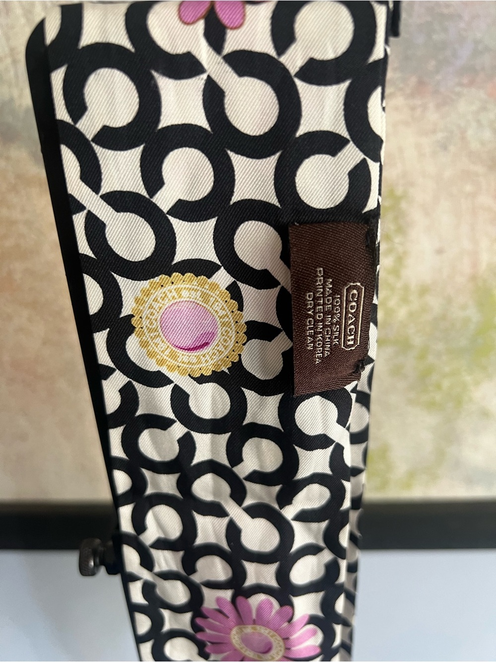 Coach Rare Black & White Logo Silk Scarf with Pink & Gold Floral Accents - Picture 3 of 5